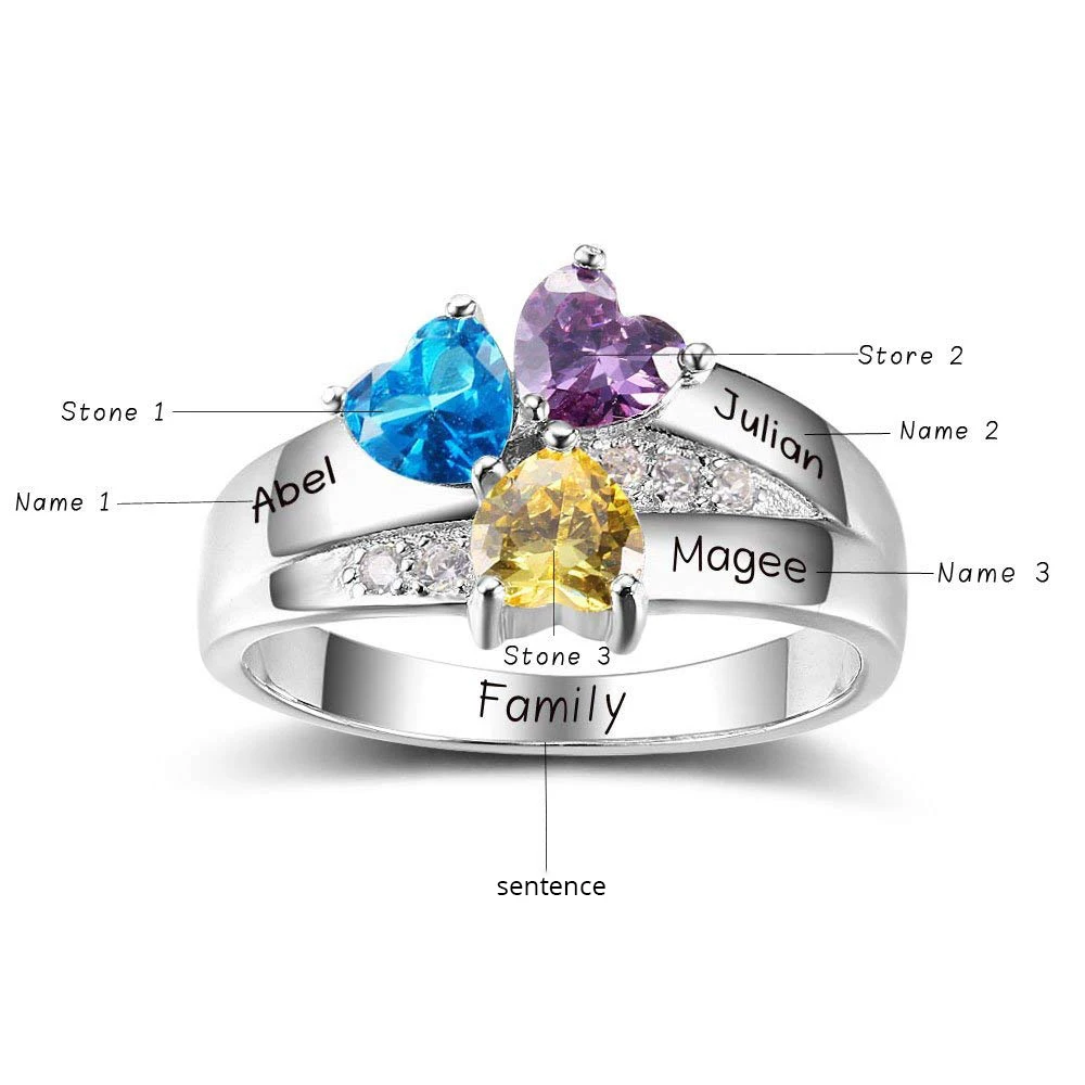 SG Personalized 925 Sterling Silver Rings Custom Heart Birthstone Ring With 2-5 Names Jewelry for women Mother day's Gift
