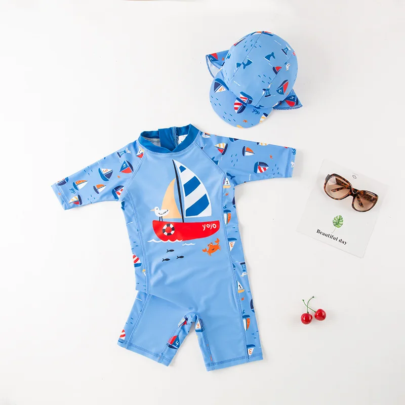 Baby Swimsuit One-Piece Children's Swimwar Shark Dinosaur Bodysuit Bathing Suit Kids with Sleeves Anti-UV Boys Swimming Suit