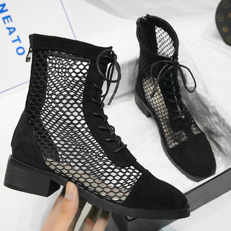 

Luxury 2020 Summer Women Ankle Boots Sexy Hollow Out Weave Breathable Ladies Motorcycle Boots Lace-up Apricot Women Boots