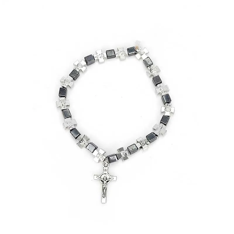 Браслет с гематитовыми бусинами и крестом Иисуса центральное сострадание