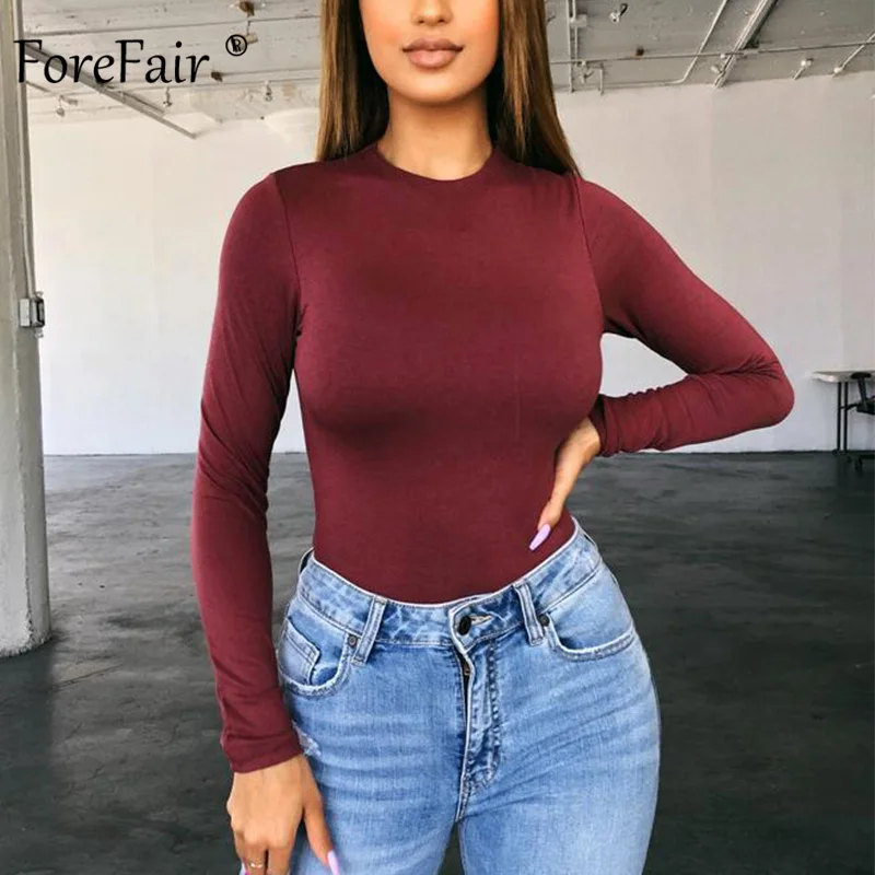 Forefair, сексуальный облегающий однотонный боди с длинным рукавом, женский боди, топ, Осень-зима, женский, элегантный, с круглым вырезом, тонкий, белый, черный, боди