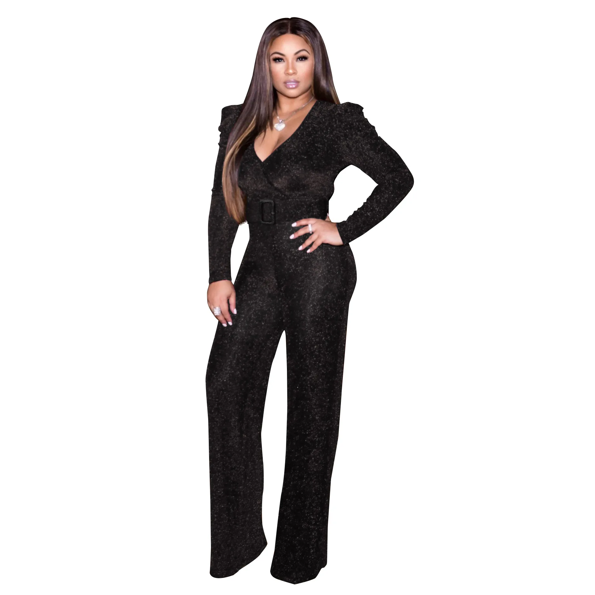 

2019 autumn elegent fashion women v-neck polyester long sleeve plus size long jumpsuit S-XXL