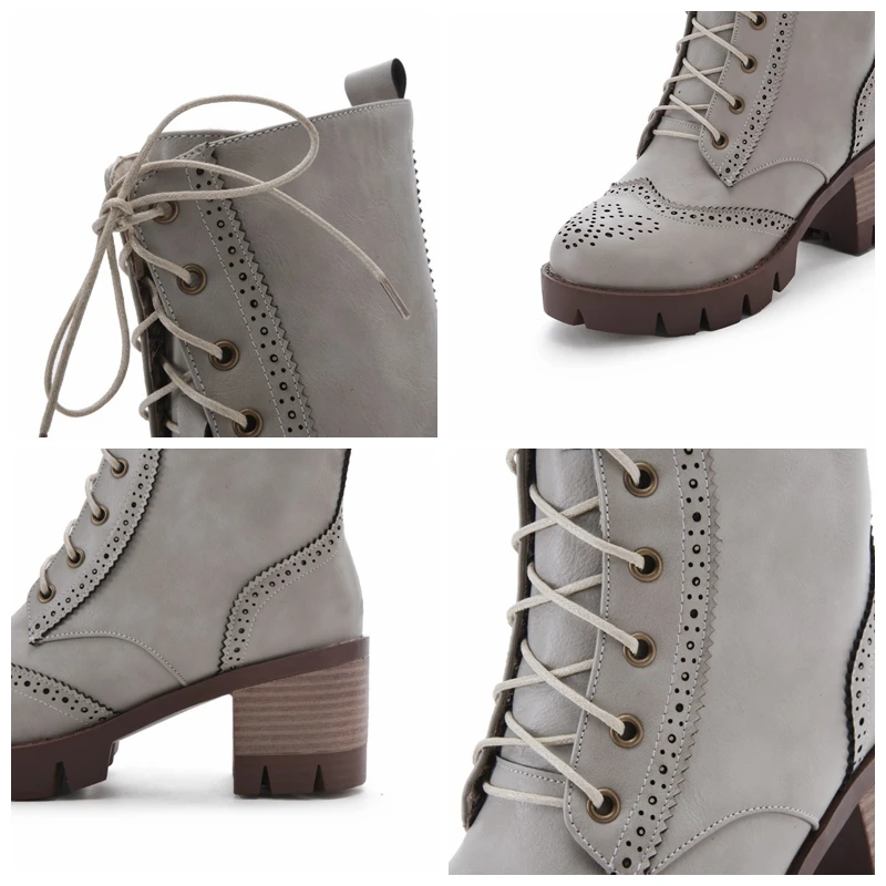 

ORCHALISA 2021 Lady Retro Mid Calf Boots Platforms Lace Up Cross Tied British 4CM Chunky Heel US12 Grey Beige Yellow Black A4519