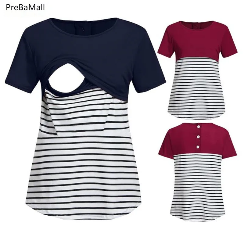 

Hot Sale Breastfeeding Maternity Tops Short Sleeve Striped Tees For Pregnancy Women Stitching Maternity Women Clothing B0085