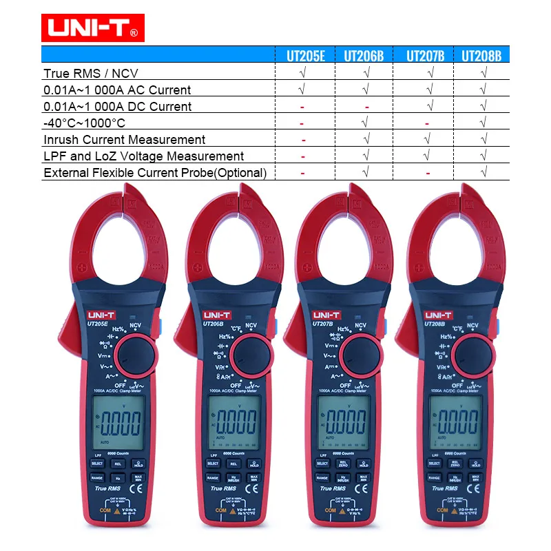 

Цифровой измеритель-зажим параметров 1000 В, 6000 А, True RMS, отсчетов, тестер емкости и сопротивления переменного/постоянного тока, UT206B, UT207B, UT208B