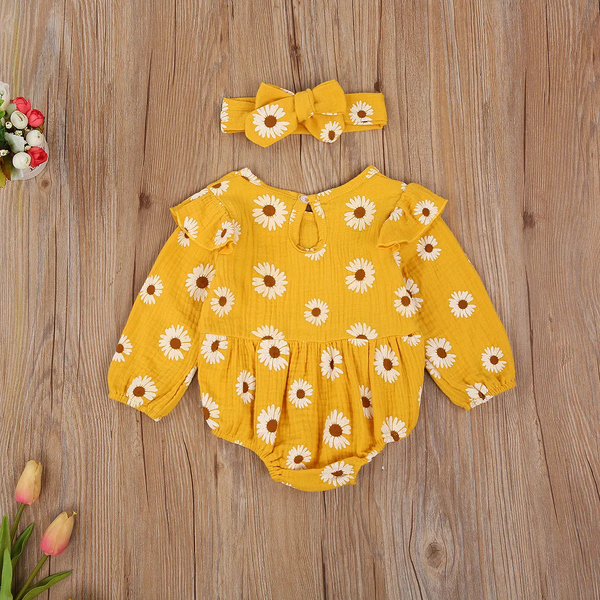 

2Pcs Baby Girl 0-24M Autumn Outfits Floral Print O-Neck Long-Sleeves Romper + Bow Hairband for Toddlers Girls