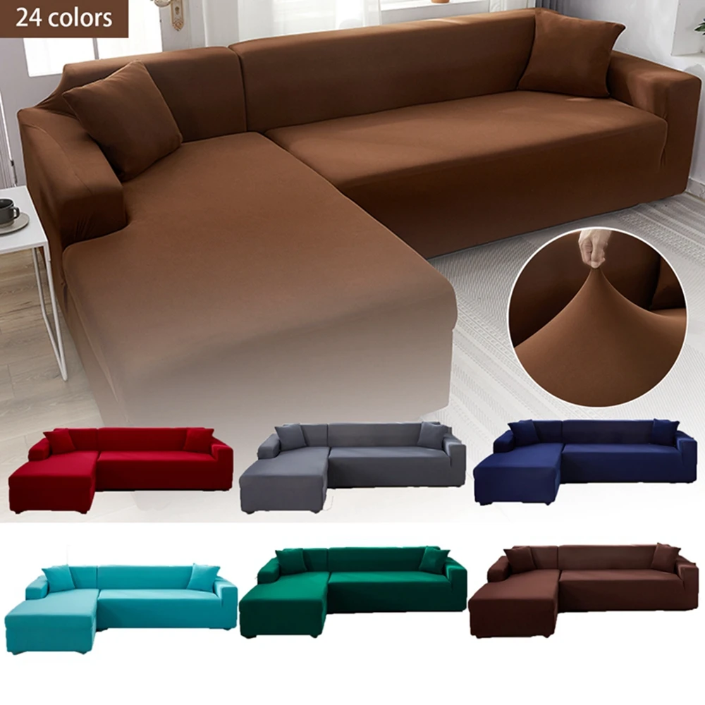 

Brown Solid Color L Shape Protection Chaise Longue Covers Elastic Corner Sectional Sofa Cover for Living Room 2 3 4 Seater Couch