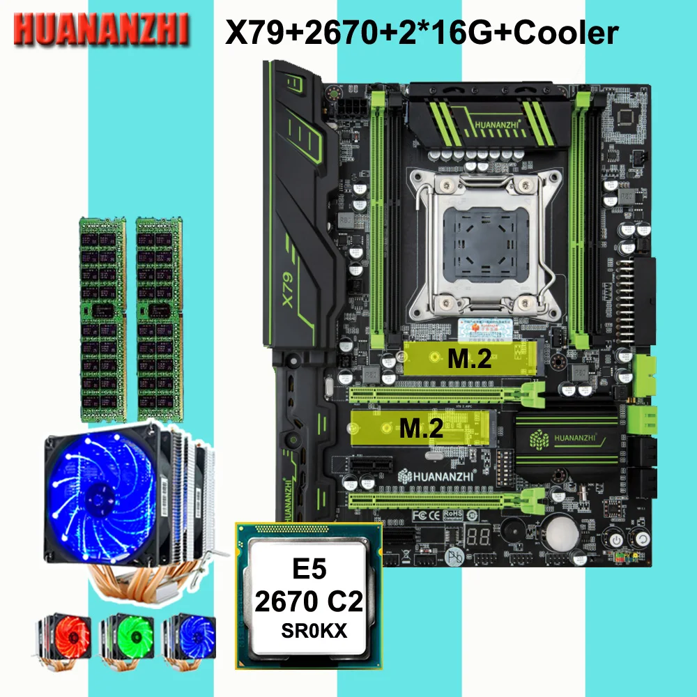 HUANANZHI X79 Super Gaming Motherboard Combo DUAL M.2 SSD Slots Xeon CPU E5 2670 with 6 Tubes CPU Cooler 32G RAM 2*16G REG ECC