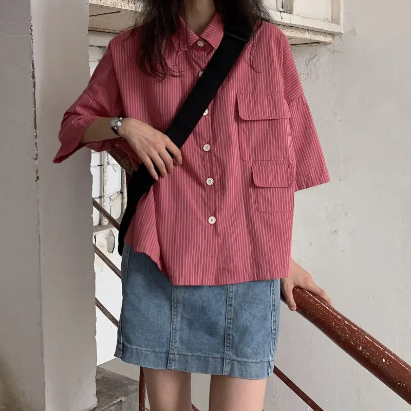 

HziriP 2020 Elegance Striped Blouses Leisure Pockets Brief Feminine Geometric Korean Tops Streetwear Casual Chic Loose Shirts