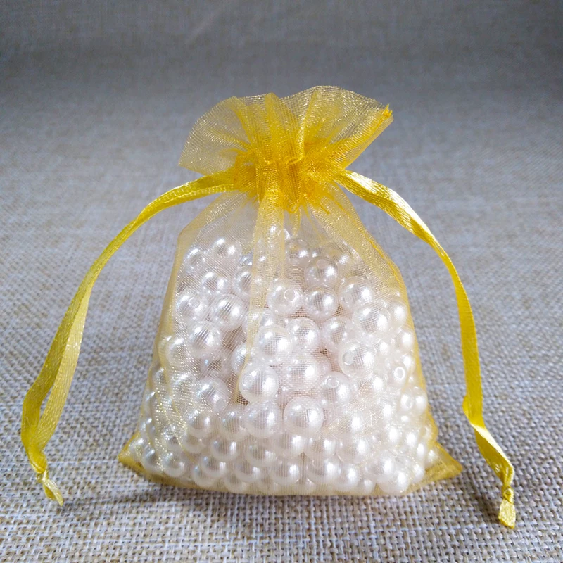 Gold 50 шт./лот, 5x7x9, 9x12, 10x15 см, сумки из органзы для упаковки ювелирных изделий, сумки для украшения свадебной вечеринки, сумки для подарков, 24 цвета - Цвет: Gold