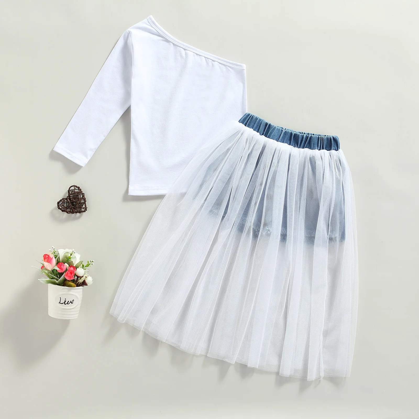

2Pcs Baby Girls Long Sleeve One Shoulder T-Shirt Tops+Mesh Shorts Skirts Casual Fashion Outfit Sets