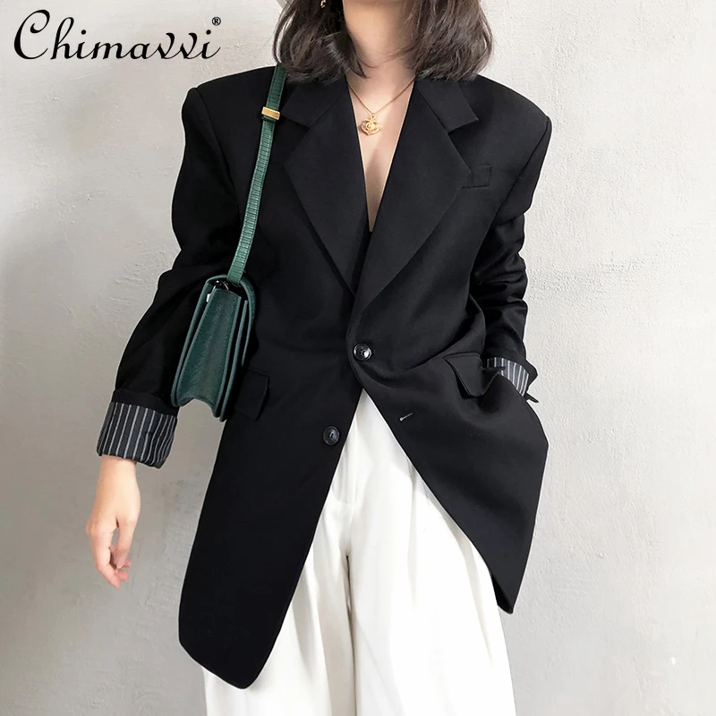 

Женский блейзер с длинным рукавом, элегантный черный однобортный пиджак для офиса, повседневный жакет для улицы