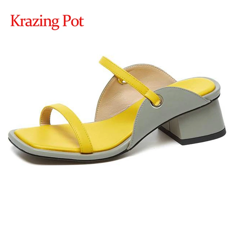 

Krazing Pot new genuine leather square toe med heels high street fashion concise style peep toe slip on mules women sandals L7f2