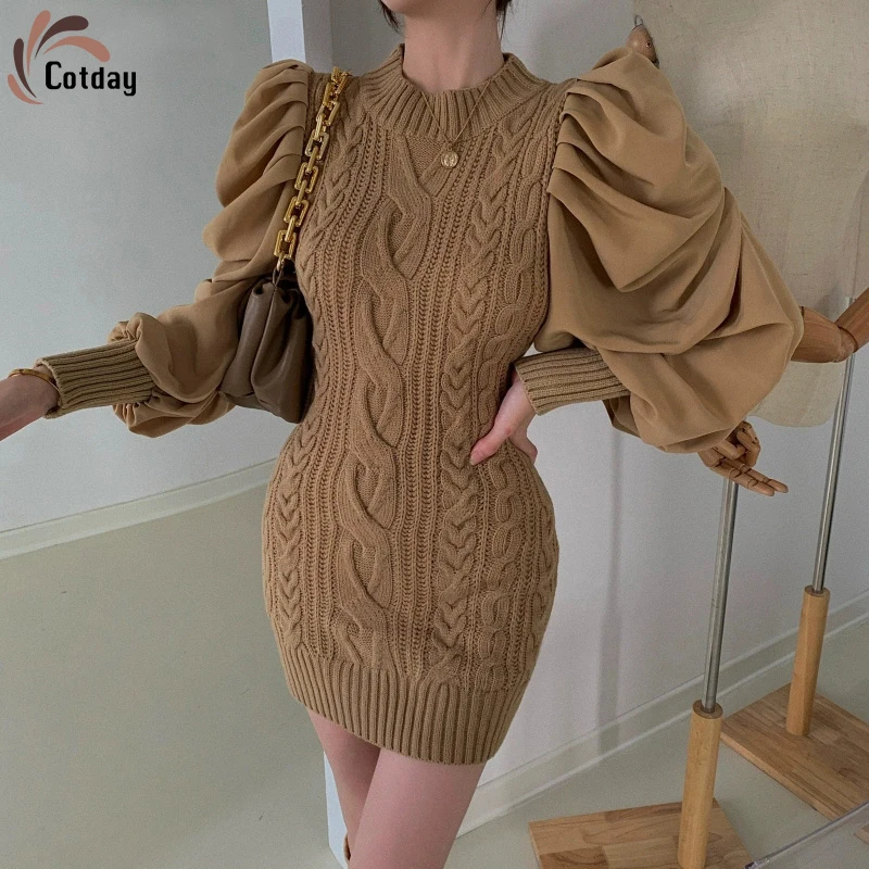 

Cotday Puff Sleeve Sexy Winter Knitting O Neck Dress New Mini Women Spring 2021 Fashion Hollow Out Bodycon Draped Party Dress