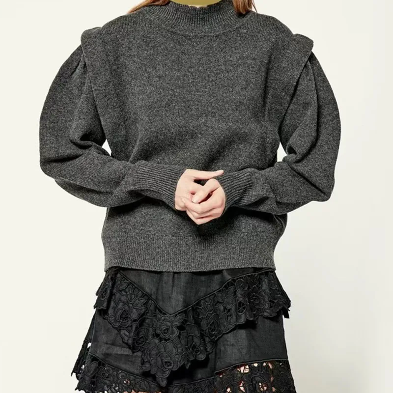 

Женский вязаный серый свитер с воротником-стойкой, свободный трикотажный Женский пуловер с летающим рукавом, топы, зима 2021