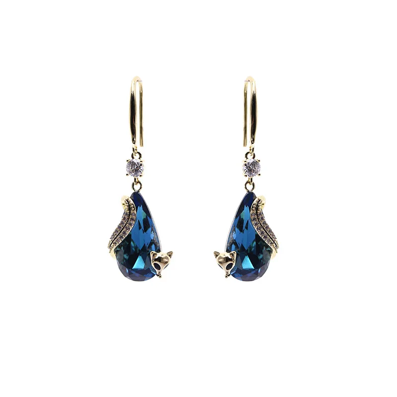 

New Korean Small Fox Gold Long Earrings for Women Fashion Blue Crystal Geometric Party Drop Dangle Earrings Female 2021 Jewelry