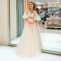 latest arrival luxury beading champagne evening gowns long sexy v neck wedding party gowns half sleeves back out sweep train