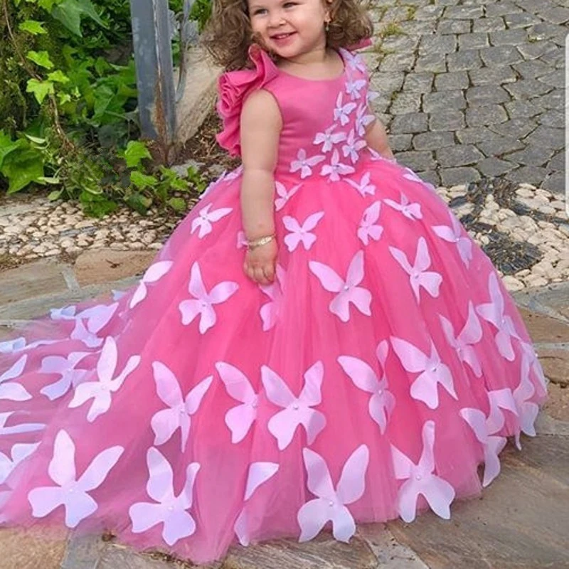 

Милое розовое платье с бабочками и цветами для девочек, платье на день рождения с открытой спиной и оборками, Пышное Платье для причастия, де...
