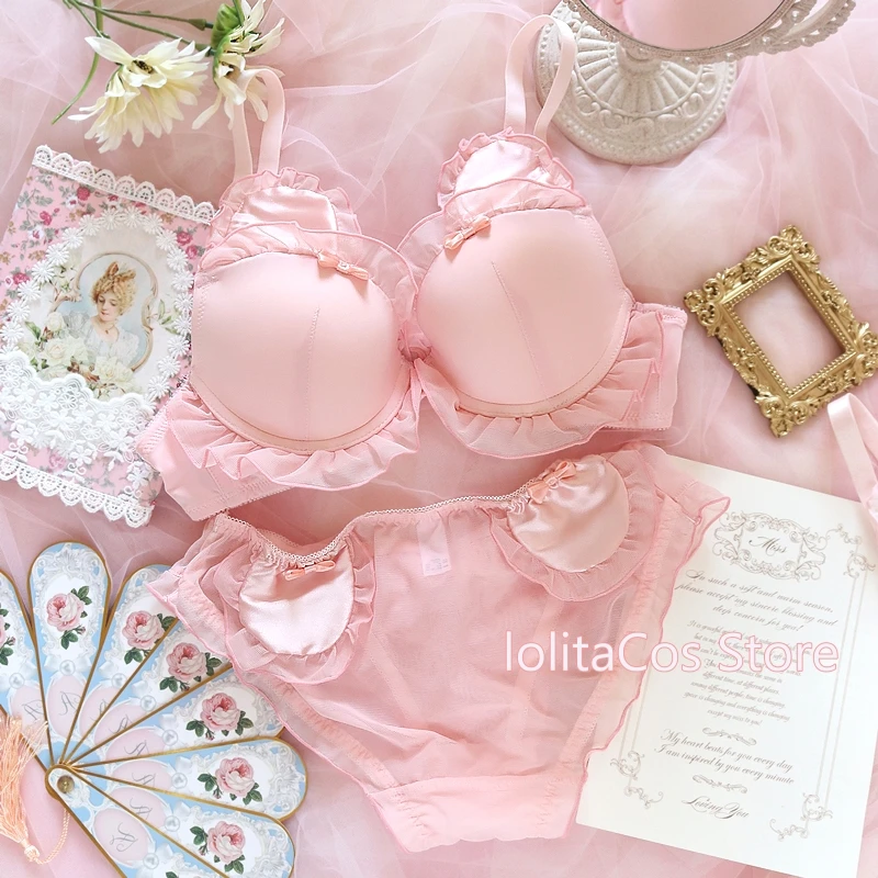 Sexy Cute Princess Bear Ear Underwear Set Japanese Soft Girl Kawaii Pink White Underwire Push Up Bra & Panties Lingerie Suit
