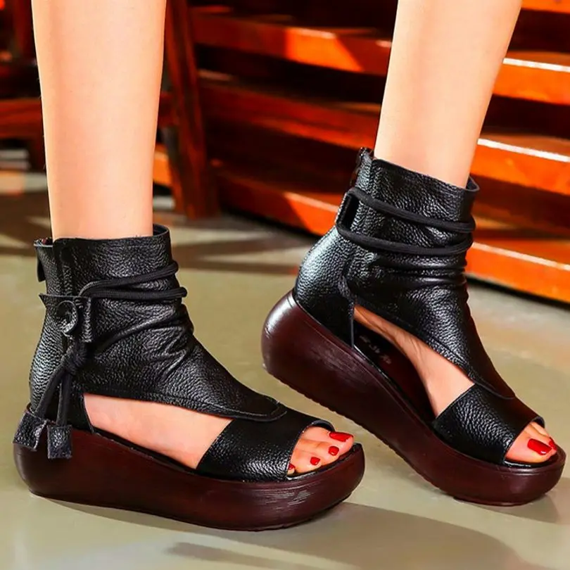 

Punk Goth Sandals Women's Open Toe Leather Gladiators Platform Chunky Summer Ankle Boots Casual Summer Shoes