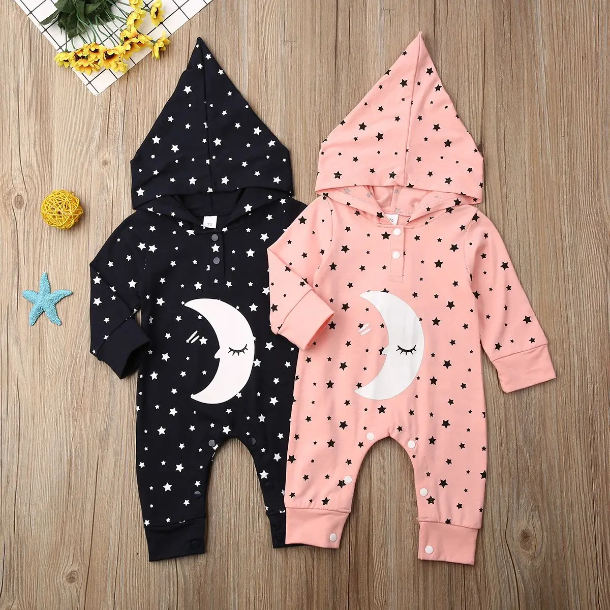 

2019 Newborn Siblings Matching Sleepwear Moon Star Print Nightwear for Twin Baby Boy Girl Brothers and Sisters Hooded Sleepwear