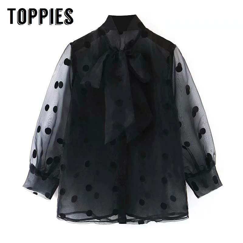 Сетчатые Трикотажные Рубашки Топы в горошек женские милые рубашки с бантом и