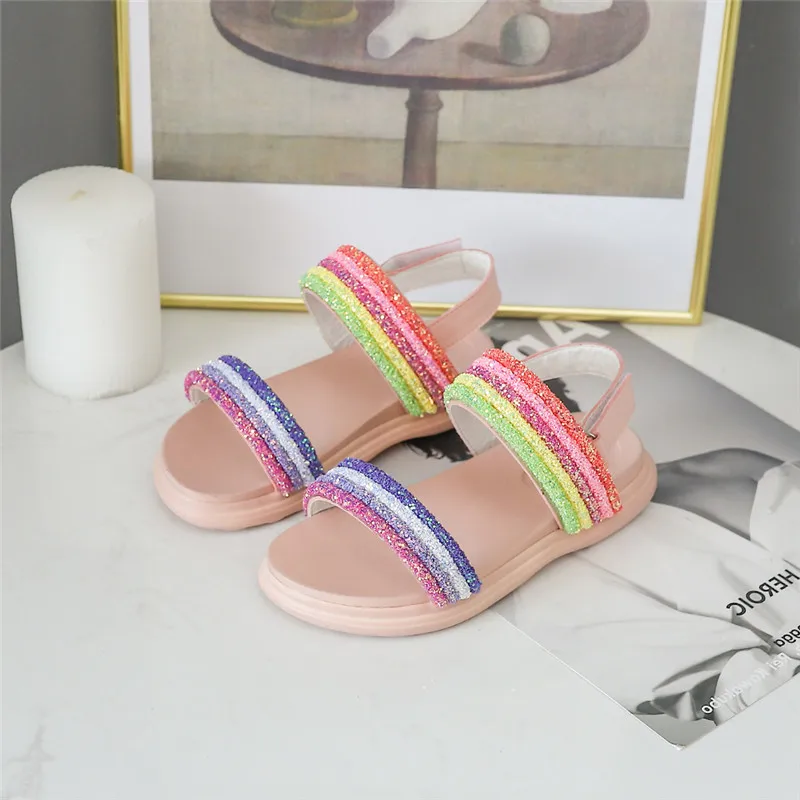 Летнее платье для девочек сандалии детские пляжные Shoesr модная Радужная обувь