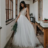 bohemian wedding dresses 2021 v neck sleeveless backless a line lace appliques sweep train beach bridal gowns custom made