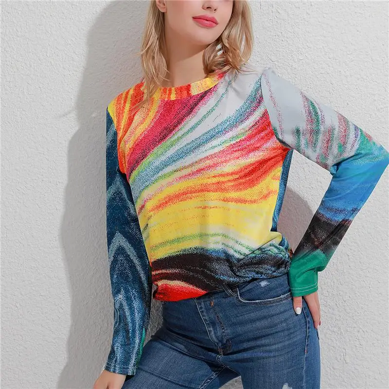 

Rainbow Print Women T Shirt Autumn Casaul Stripe O Neck Top Tees Long Sleeves Print Loose Female T Shirt Pullover