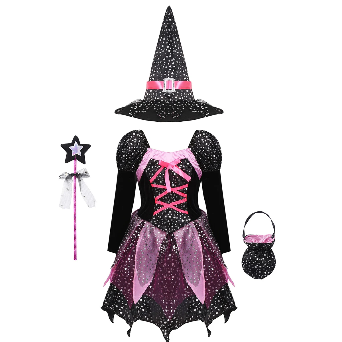 Kids Girl Princess Halloween Witch Costume Sparkly Silver Stars Print Dress Pointed Hat Wand Set Carnival Cosplay Party Dress Up