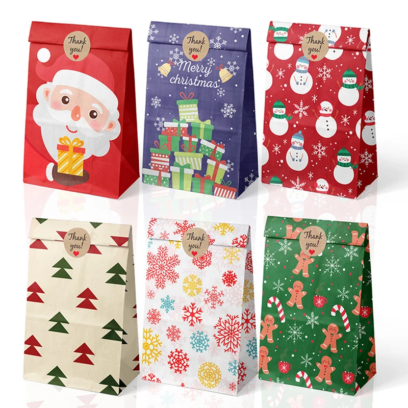 

24PCS Christmas Kraft Paper Bags Santa Claus Cookies Candy Bag Thank you Stickers For Merry Christmas New Year Navidad Gift Bags