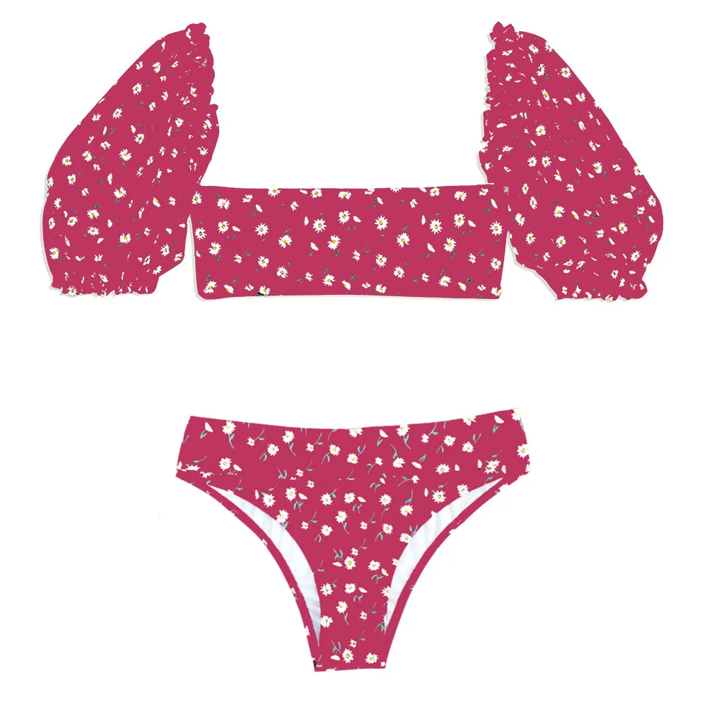 2021 new European and American split bikini short sleeve high waist printed 3-color floral split sexy women's swimsuit