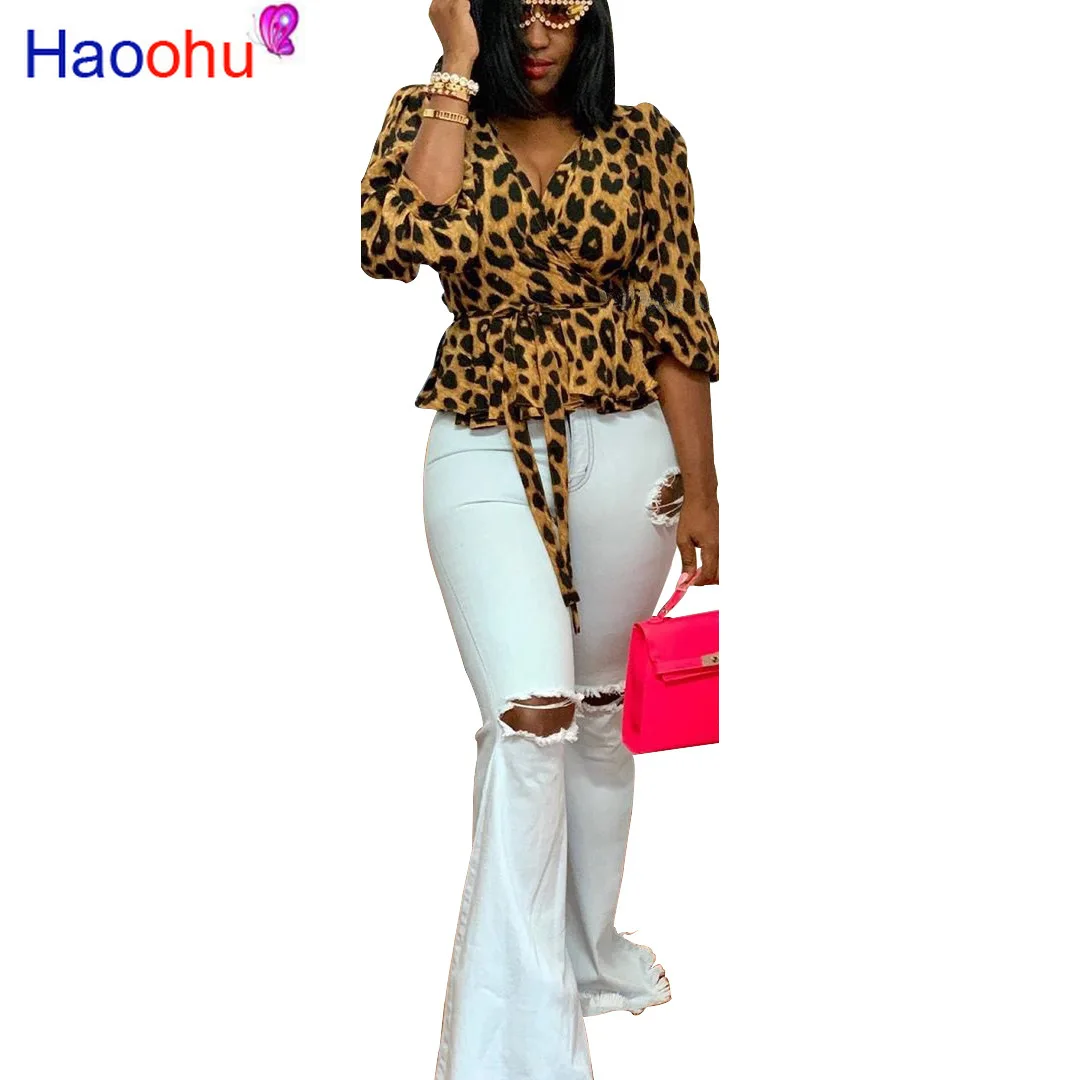 Женский топ с леопардовым принтом коротким рукавом и глубоким v образным вырезом
