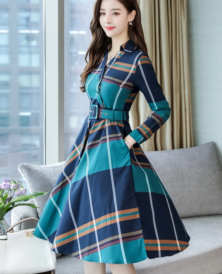 Женское платье Осень Зима с длинным рукавом в полоску клетчатое рубашка