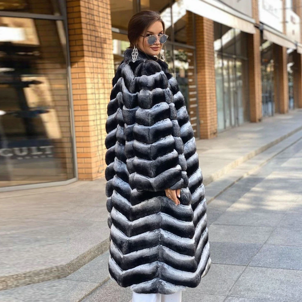 Fashion Long Real Rex Rabbit Fur Coat Stand Collar 2022 New Trendy Genuine Full Pelt Rex Rabbit Fur Coats Female Thick Overcoats