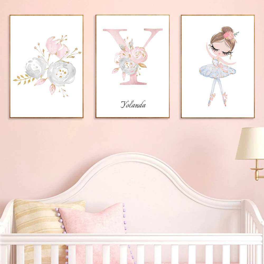 

Custom Baby Posters Personalized Girl's Name Poster Nursery Decor Wall Art Ictures Pink Flower Canvas Painting Baby Room Decor