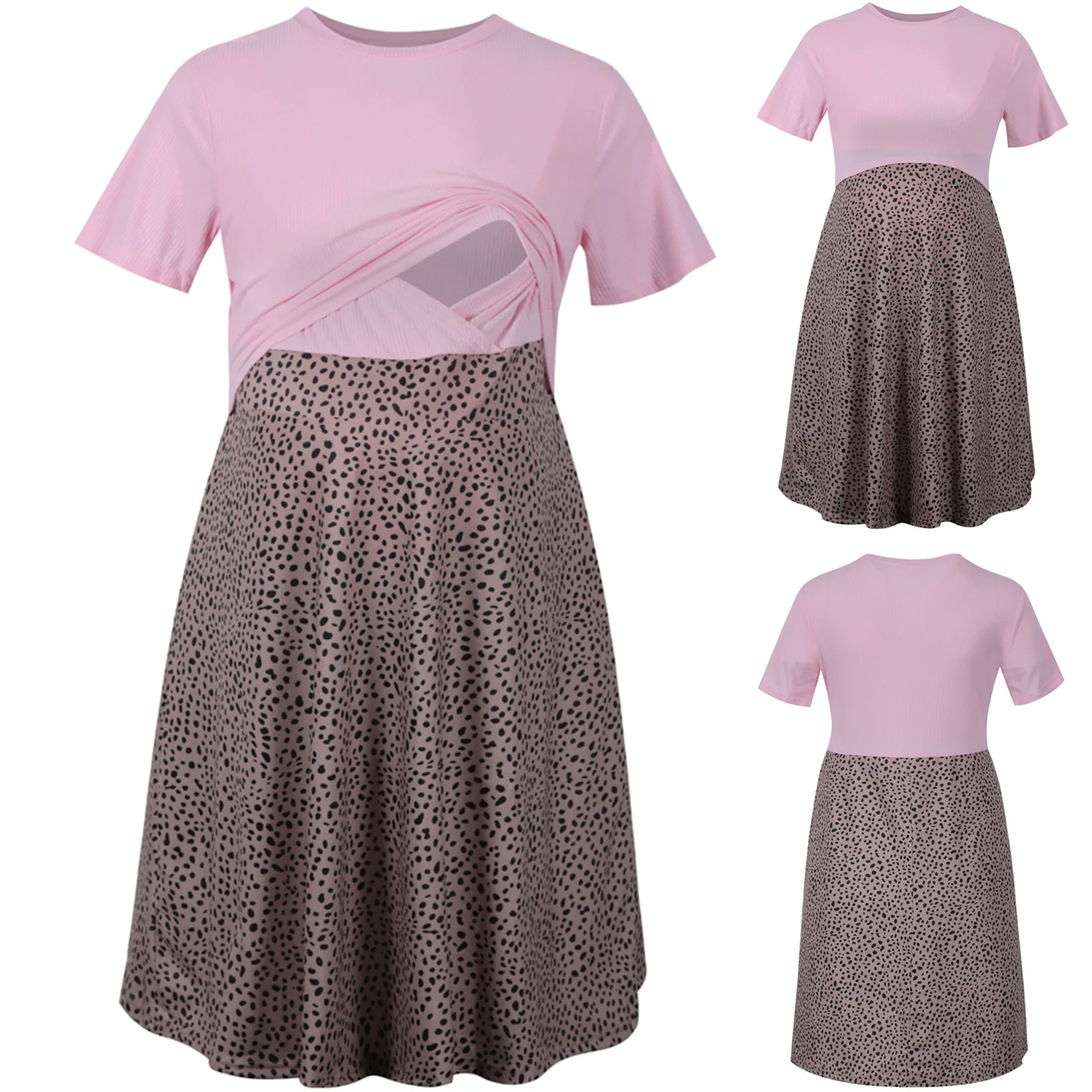 

Summer Pregnant Leopard Patchwork Short Sleeve Nursing Maternity Women Dress Pregnancy Dress Maternity Clothes Breastfeeding