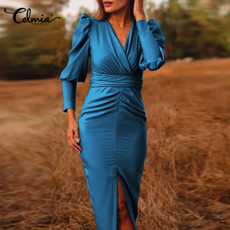 

Celmia Sexy V Neck Satin Sheath Dress Women Elegant Puff Sleeve Party Midi Dresses 2021 Autumn Solid Pleated Split Vestidos Robe