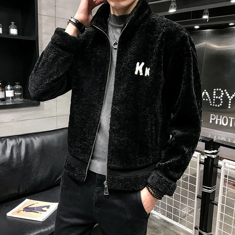 Мужская зимняя куртка-бомбер теплая шерстяная с разрезами повседневное пальто