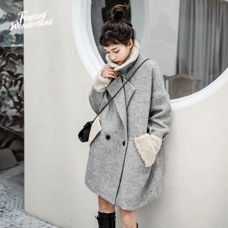 Шерстяное длинное пальто в елочку из овечьей шерсти теплое свободное шерстяное