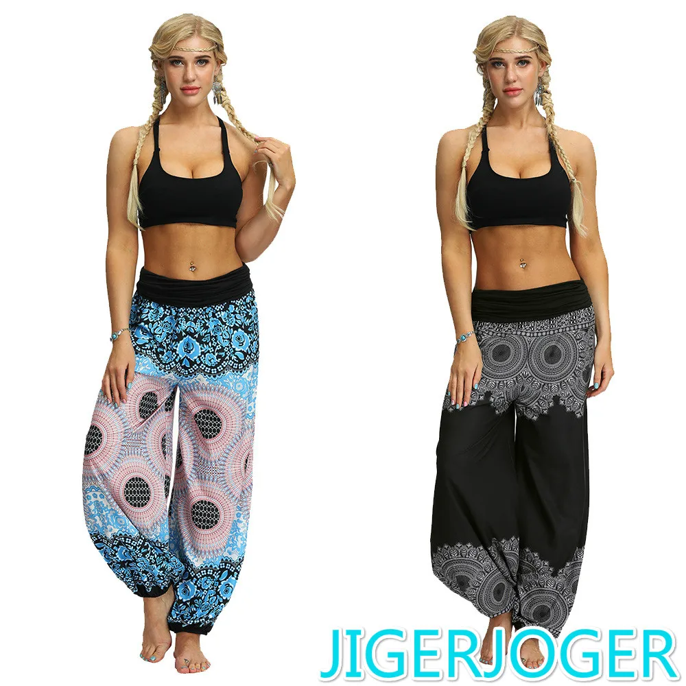 JIGERJOGER черный хлопок высокого брюки с высокой талией 3D цифровая печать размера плюс круглый мандала для женщин со штанами-Шароварами, страст...
