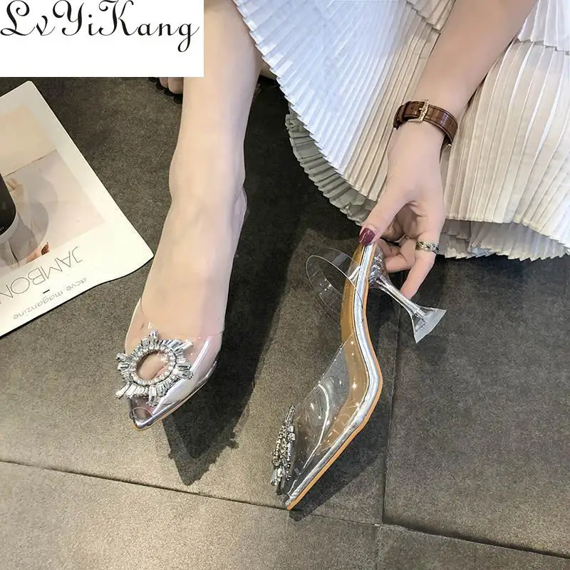 Туфли-лодочки женские прозрачные высокий каблук заостренный носок без застежки