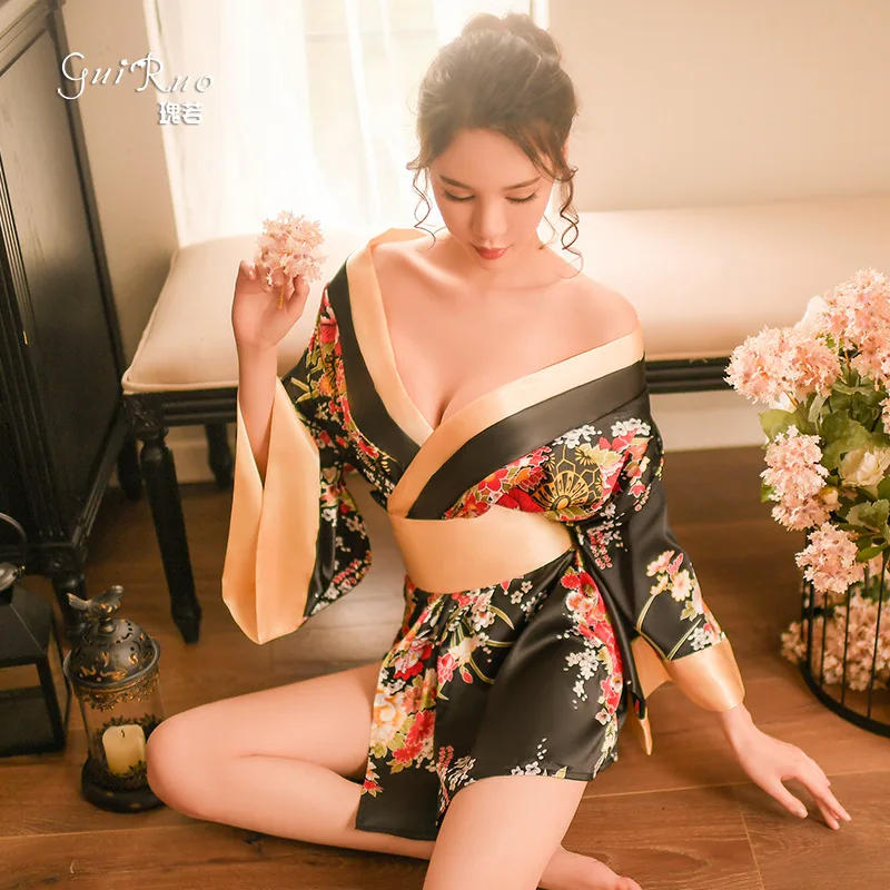 

Seduction Role-Playing Japanese Kimono Sexy Lingerie Suit Perspective Kimono Uniform Exotic Apparel Printing Cosplayer Clothing