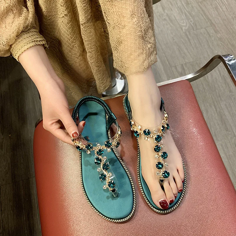 Сандалии женские в богемном стиле шлепанцы со стразами плоская подошва