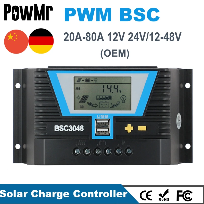 Солнечный контроллер 20A 30A 60A 80A PWM 12В/24В или 12В 24В 36В 48В литиевый аккумулятор