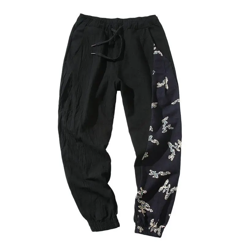 

Chinese Style 2020 Man Cotton Linen Pants Mens Summer Style Print Patchwork Pants Male Casual Jogger Trousers