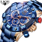 Часы наручные LIGE Мужские кварцевые, модные брендовые Роскошные спортивные водонепроницаемые, с хронографом, синие, 2020