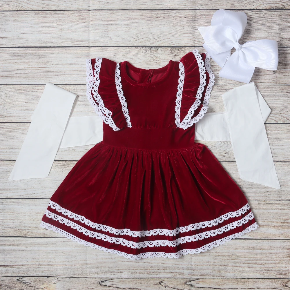 

Autumn Girls Clothes Red Sleeveless White Lace And White Belt Girl Dresses