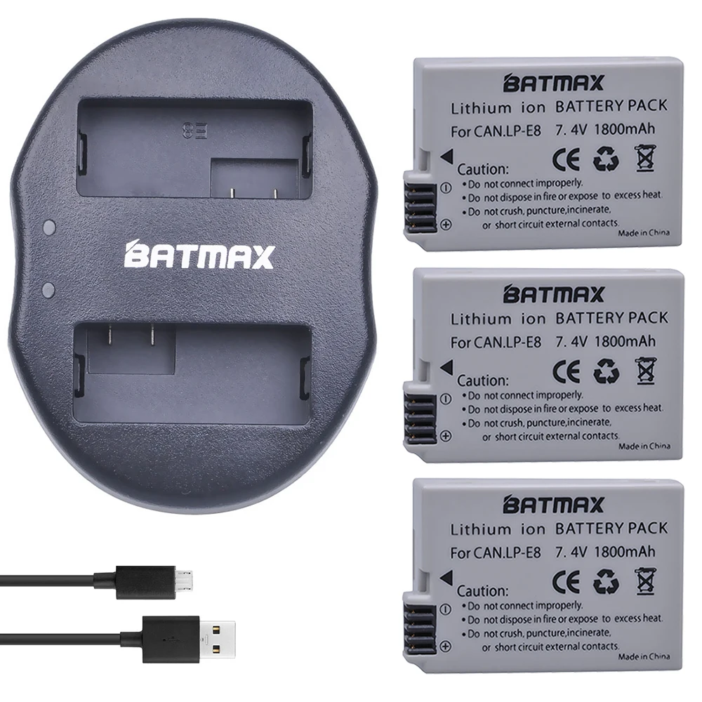 Цифровой батарейный блок LP E8 1800 мА/ч 3 шт. цифровой + двойное зарядное устройство USB