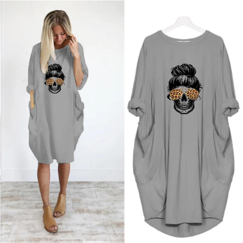 

Women Leopard Skull Print Dress Autumn Plus Size Long Sleeve o Neck Party Club Midi Dresses Vestidos Femme Loose Streetwear